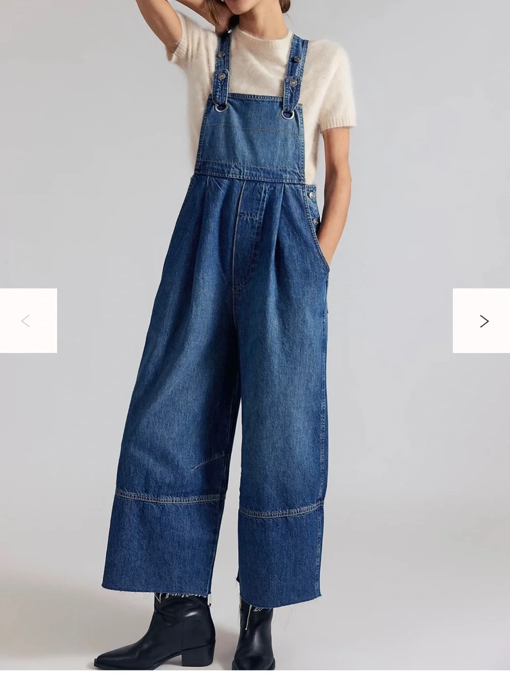 Free People Dark Blue Wide-Leg Denim Overalls